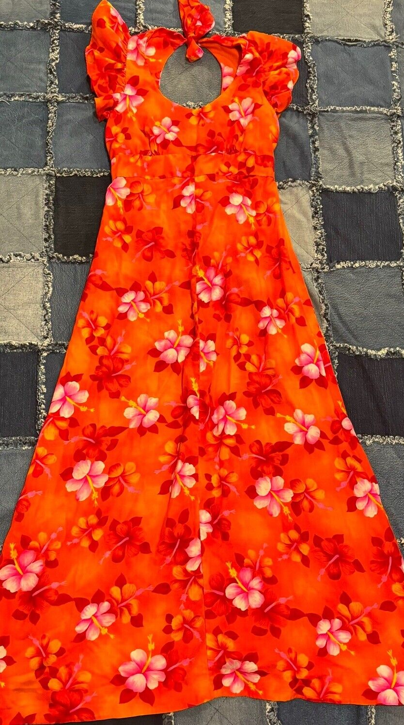 Vintage 70s Haleaka Fashions Hawaiian Floral Dress Woman\'s Orange Pink Yellow