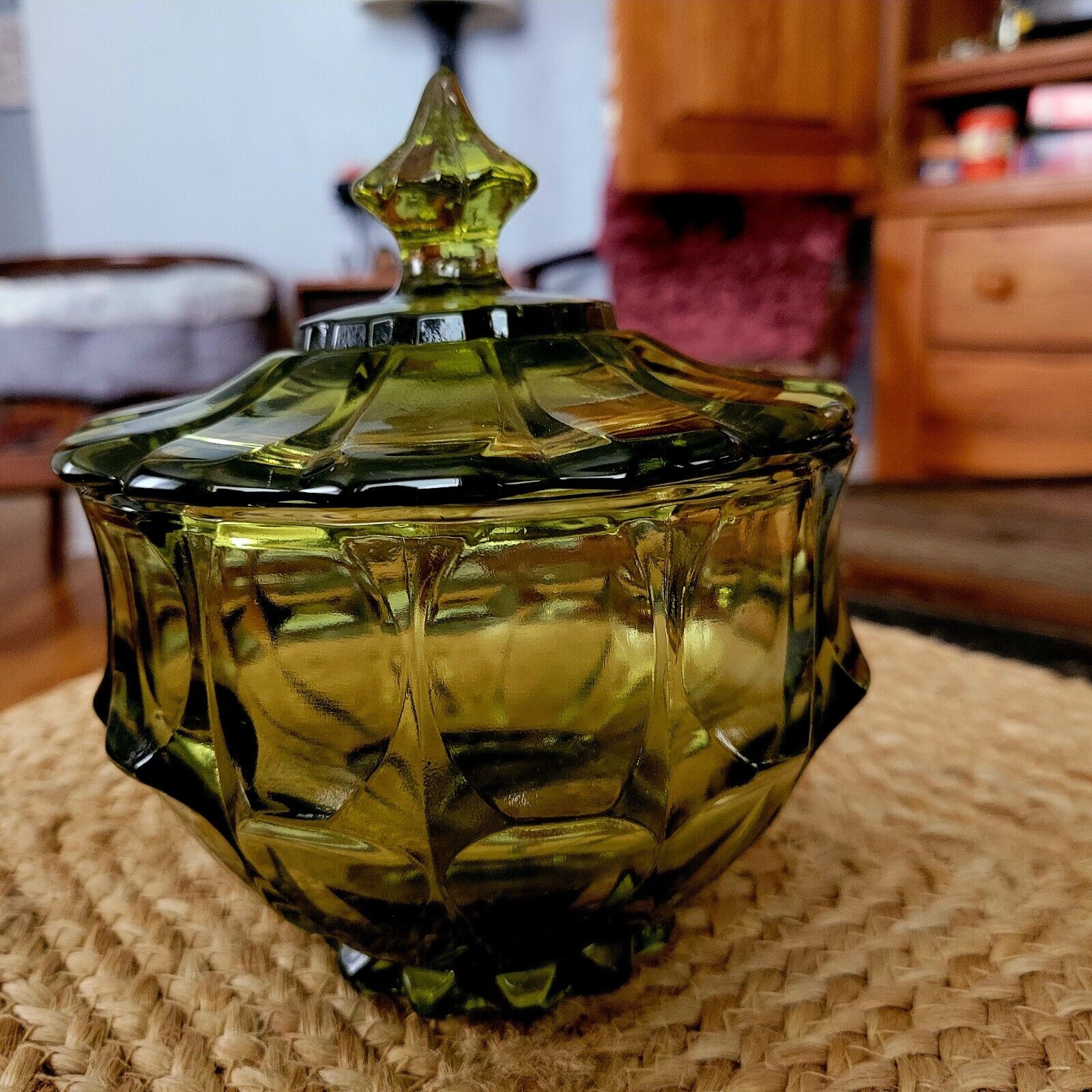 Vintage Fenton Glass Valencia Colonial Green Covered Candy Dish Covered Bowl