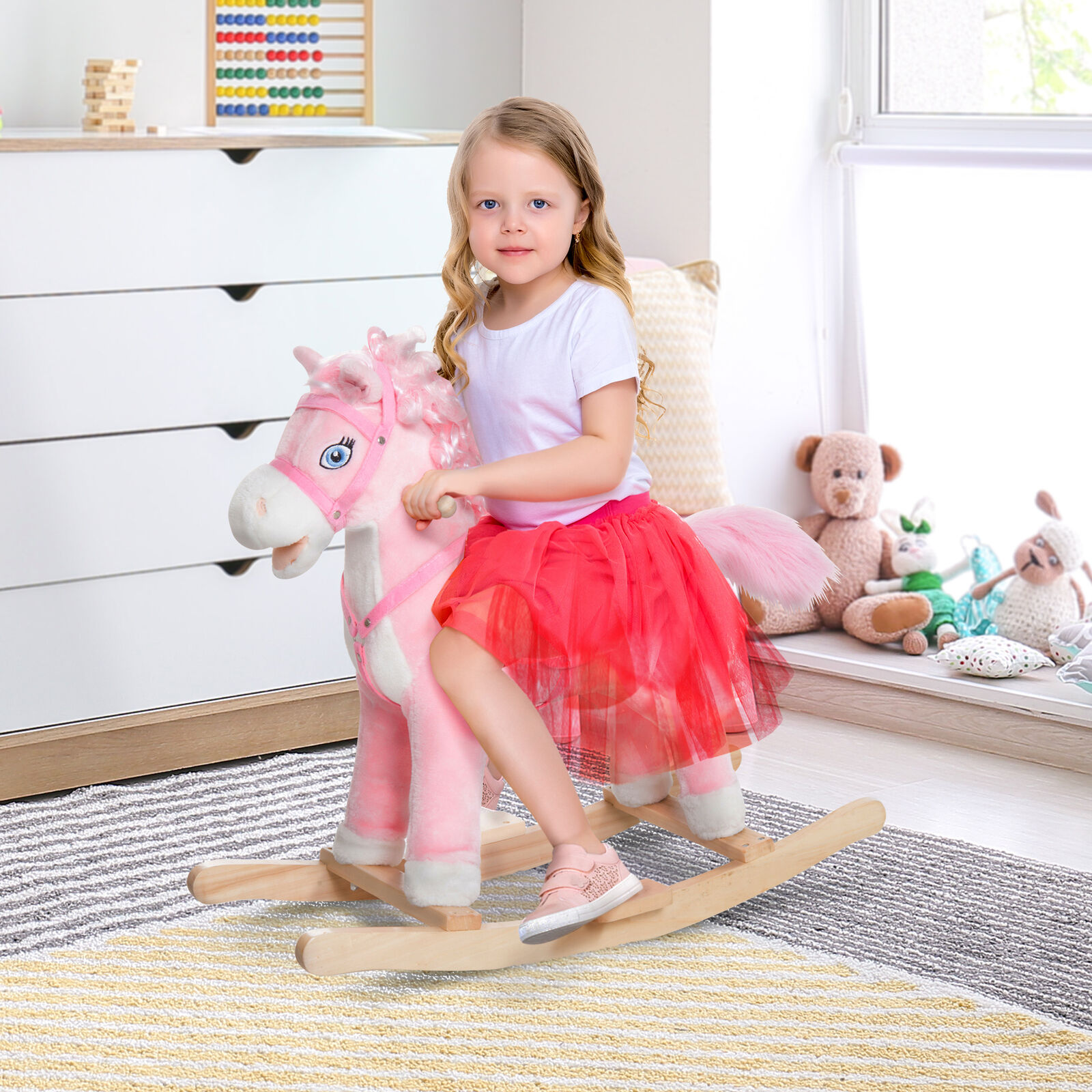 Kids Ride On Rocking Horse Pony Toy Plush Gift Moving Tail w/Sound Pink