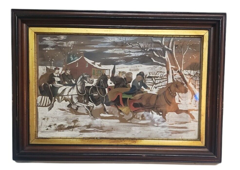 Antique Watercolor Painting Winter Forest Logging Horse Painting 19th Century