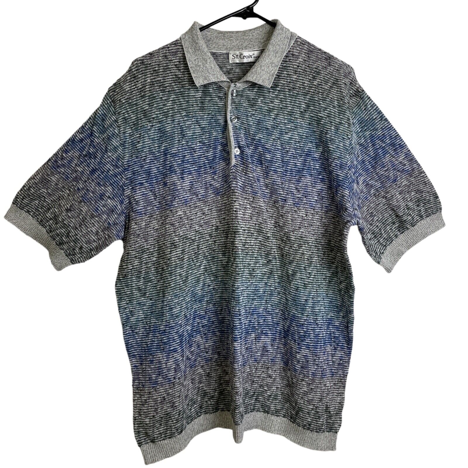 Vintage St Croix Shop Sweater Mens XL Short Sleeve Knit Gray Blue Buttons Rib