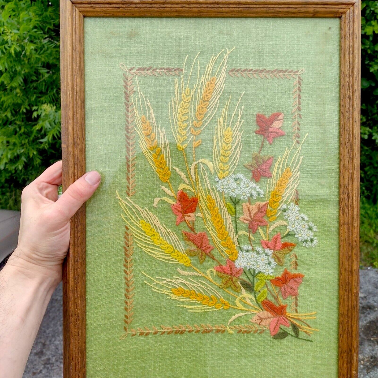 Vintage Golden Wheat & Flowers Crewel Framed Needlepoint Embroidery Retro Floral