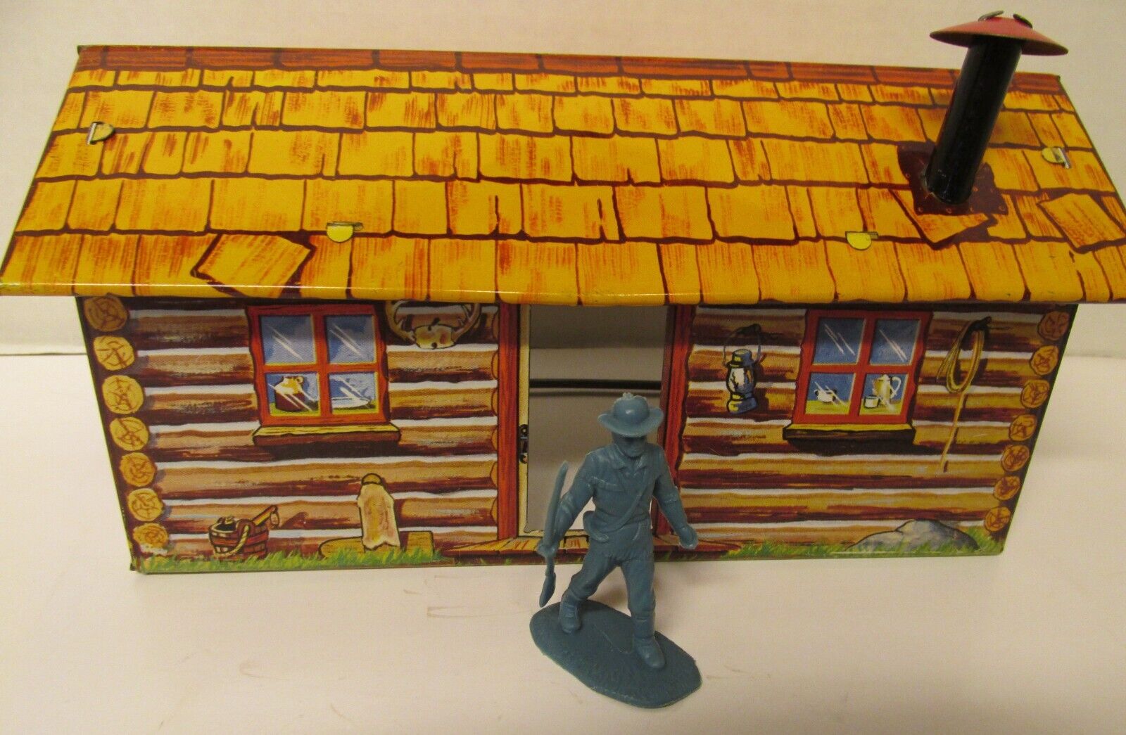 Vintage 1950's Marx Fort Apache Playset Downsized Tin Litho Cabin--Complete