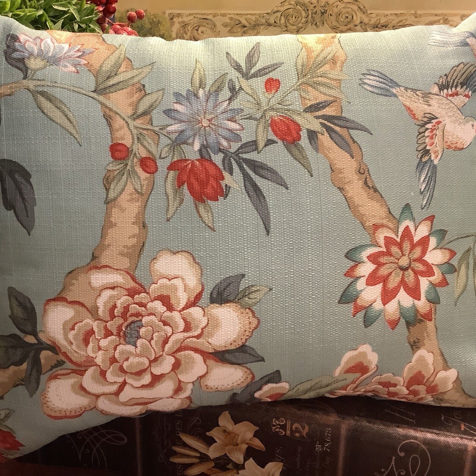 French Country Rectagle Pillow~Birds/Branches/Floral~French Blue Multi~15.5x 12~