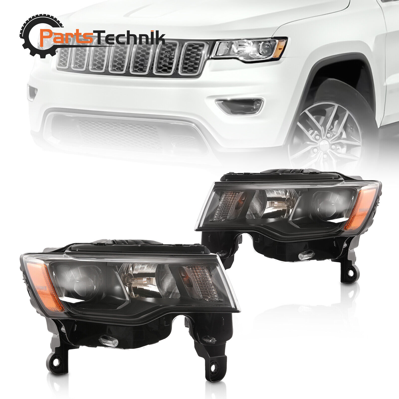 For 2016-2021 Jeep Grand Cherokee Black Halogen Headlight Headlamps Left & Right
