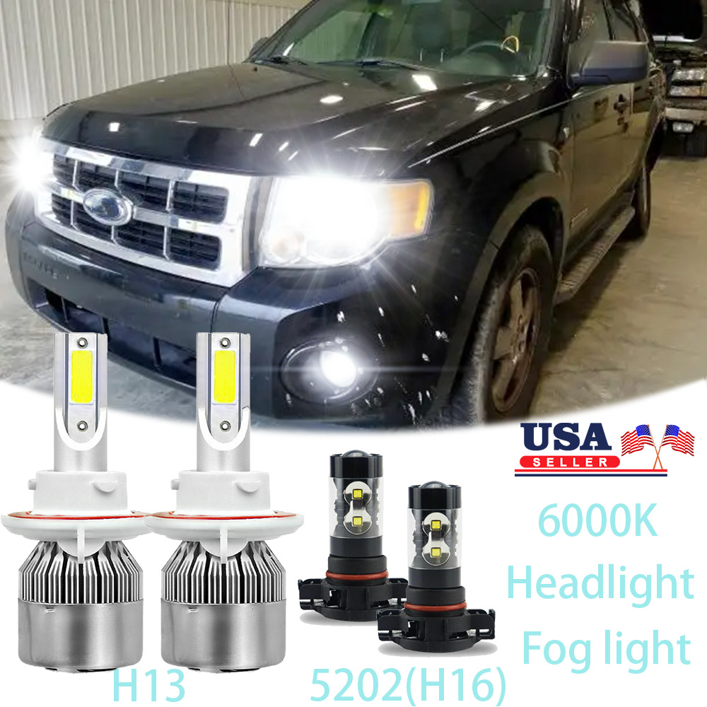 For Ford Escape 2008-2012 4x 6000K LED Headlights + Fog Light Bulbs Combo Kit