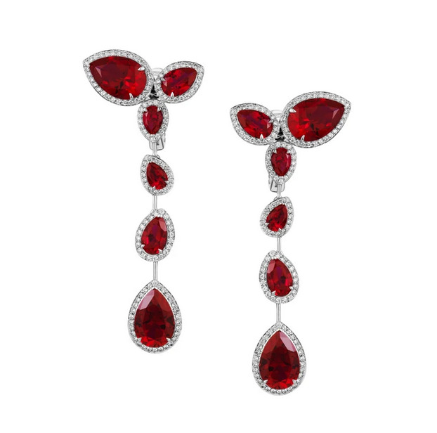 Elegant and Graceful Long Drop-Dangle Earring With Deep Red 22CT Ruby & White CZ