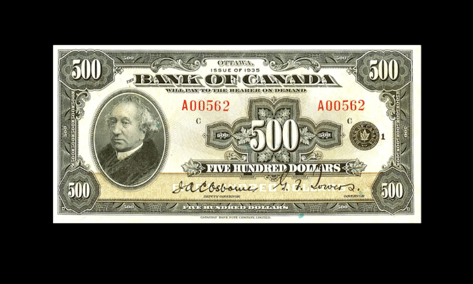 Reproduction Rare Bank of Can $500 1935 BC English USA UK GB UNC