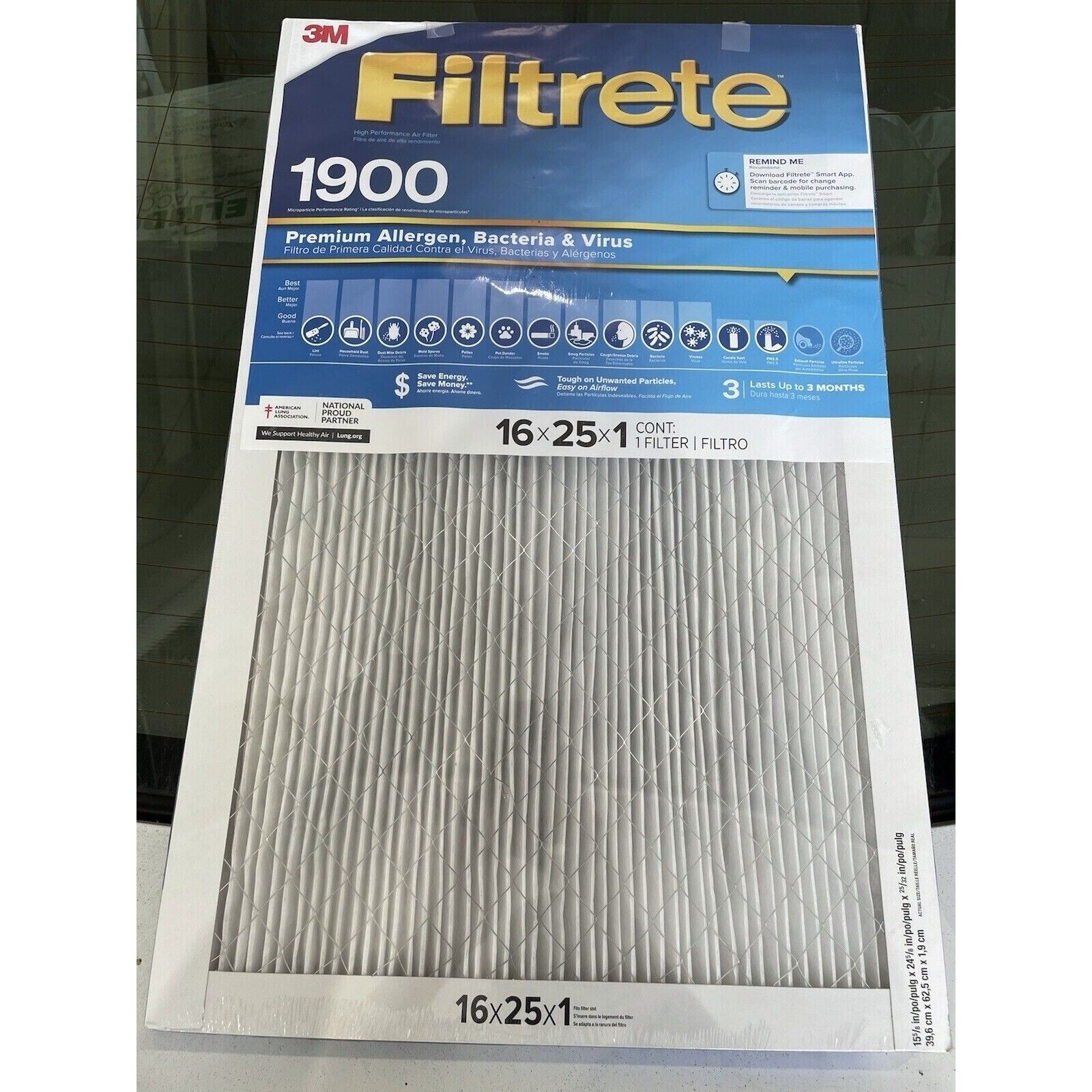 3M Filtrete 1900 High Performance Air Filter  Allergen Bacteria Virus 16X25x1\