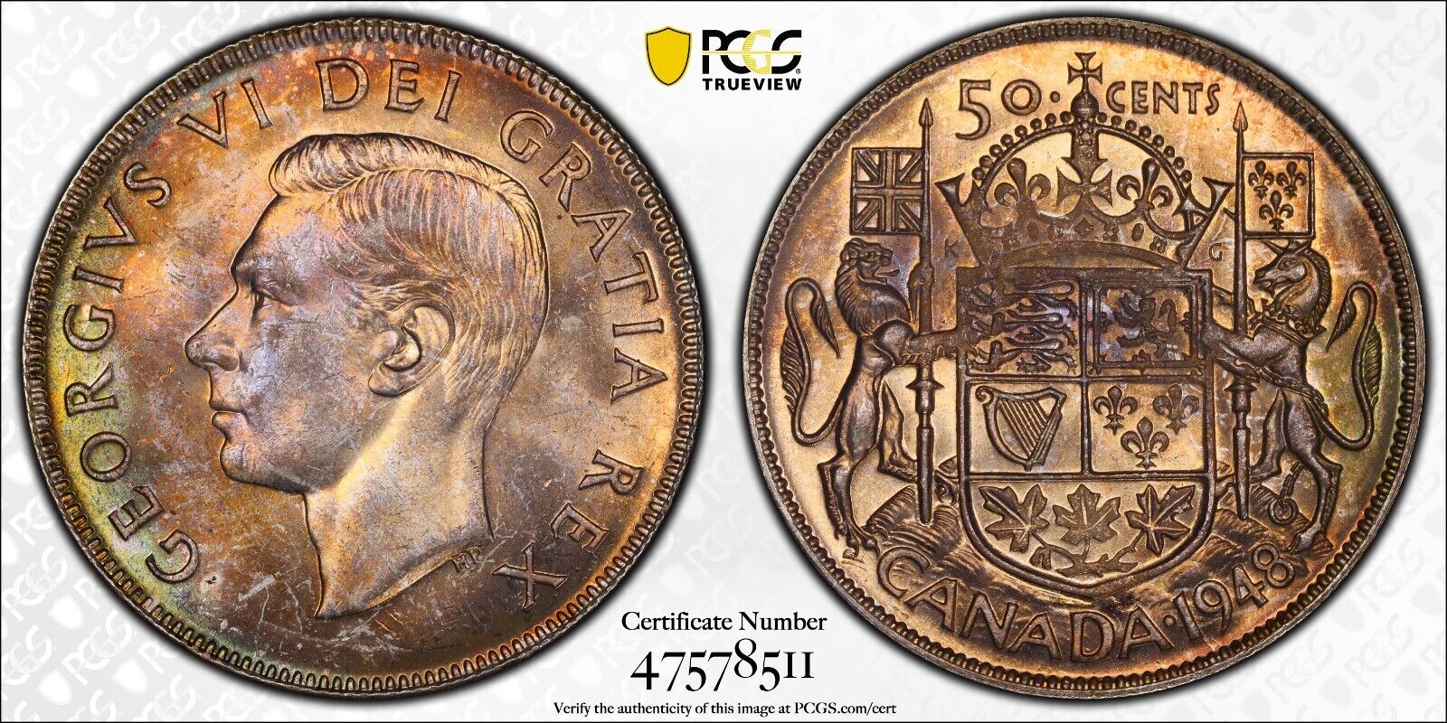 Toned Silver 1948 Canada 50 Cents Half Dollar | PCGS MS63 Narrow Date