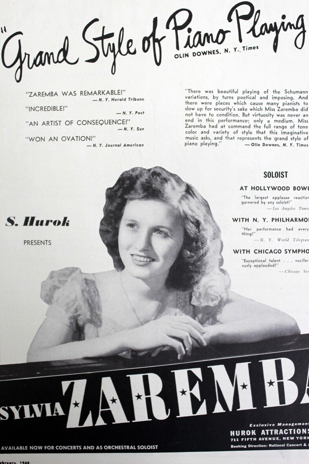 SYLVIA ZAREMBA Pianist and Soloist 1940s Booking Ad Concert Orchestra Performer