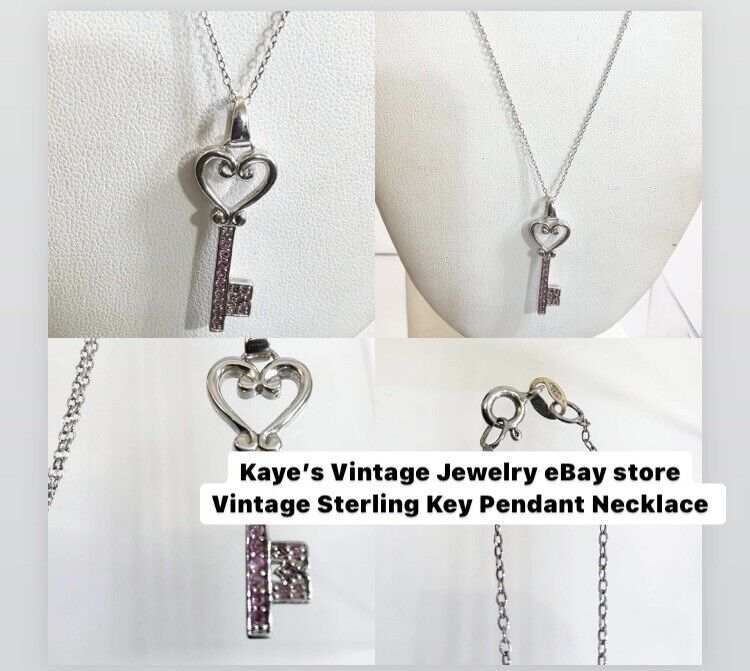 Vintage 925 Sterling Garnet Key Pendant Necklace 1/4” x 1 1/4” 18”