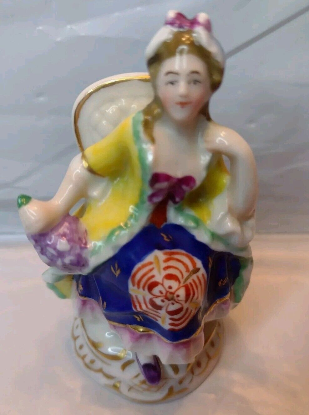 Vintage Porcelain Victorian Woman Figurine  Made In Germany 3” Tall Gold Trim