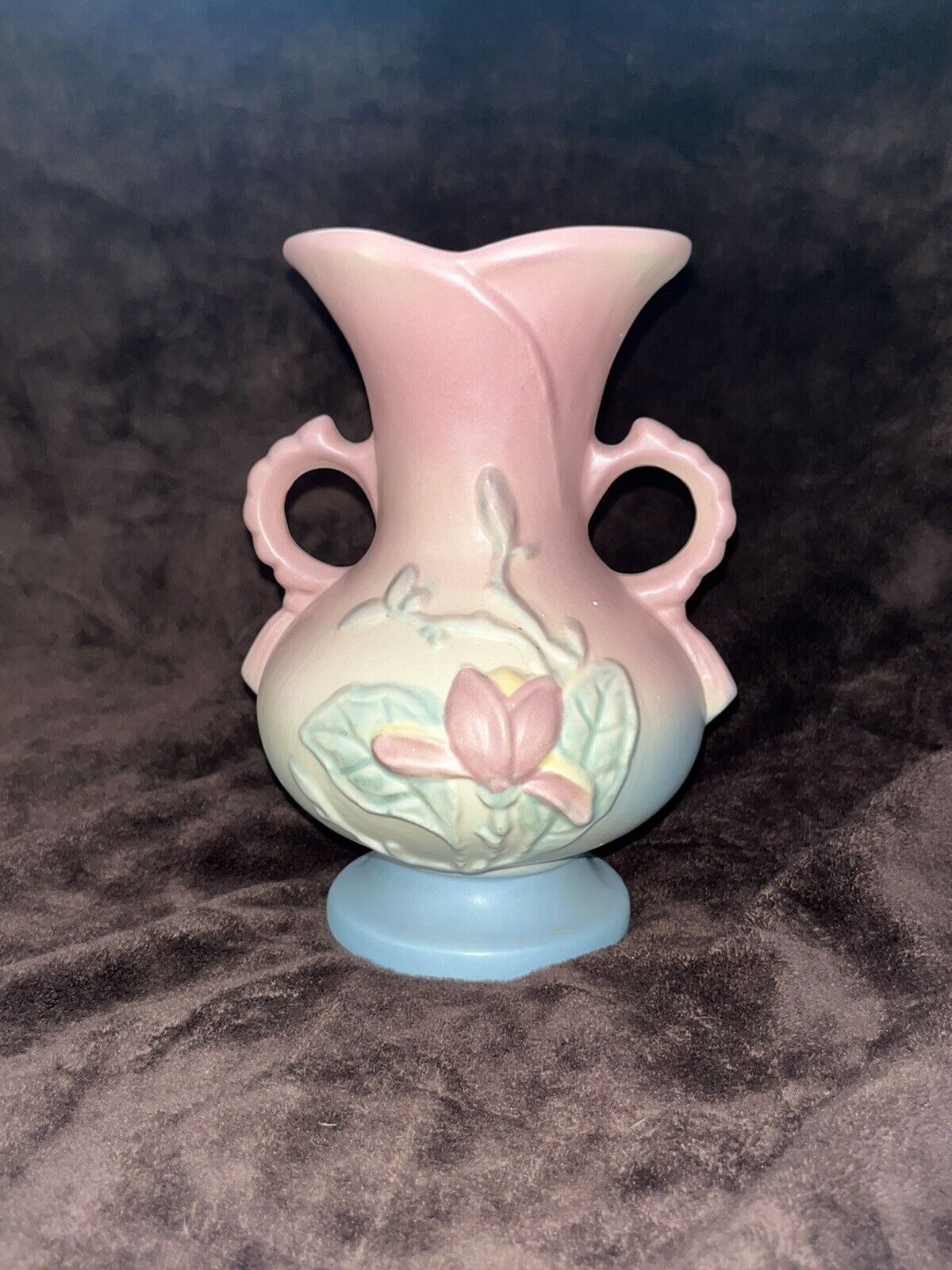 Antique Hull Floral Vase Pink / Blue With Yellow Flowers