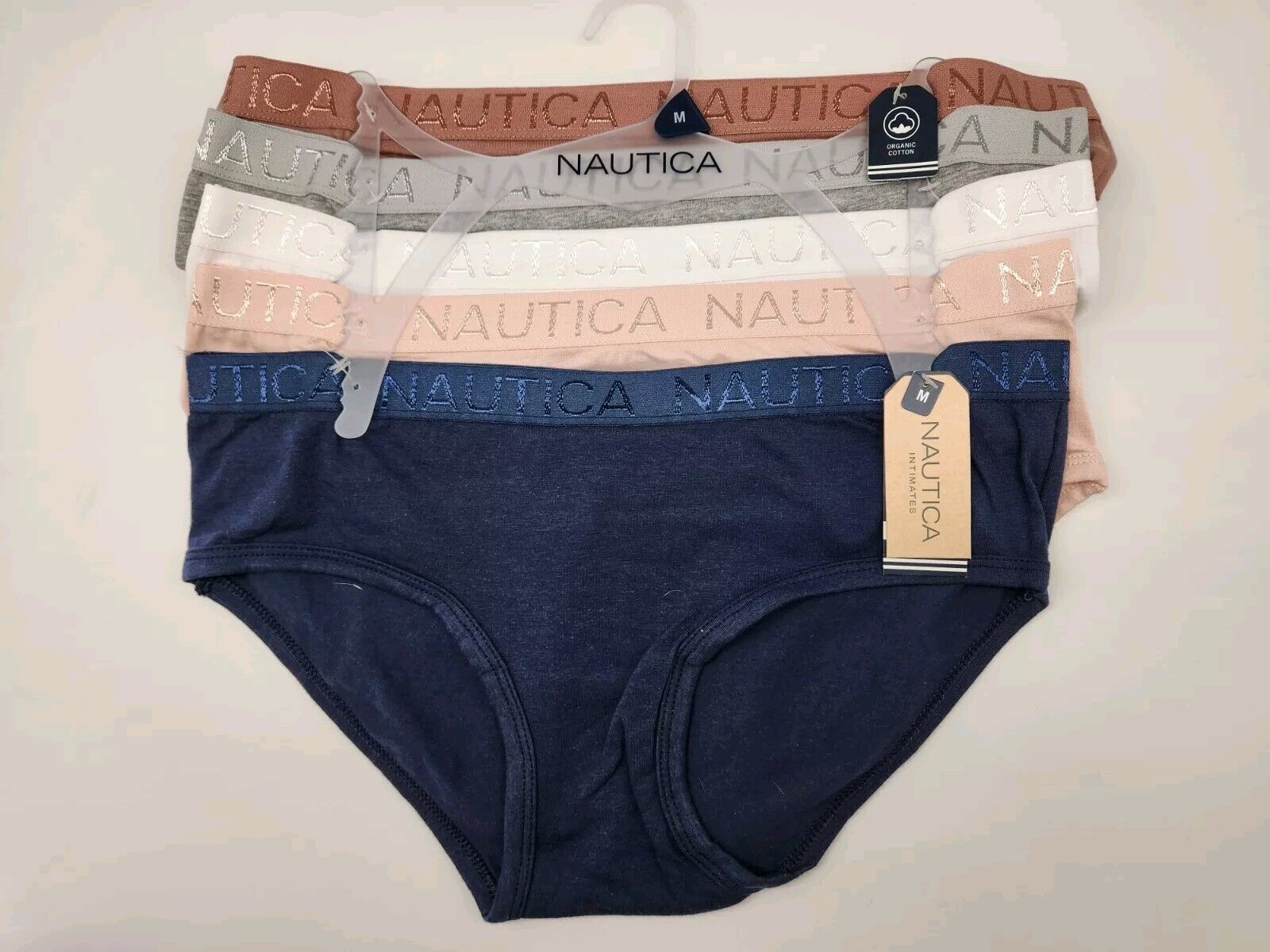 NAUTICA 5 Pack Sz M L XL Organic Cotton Logo Panties Brown Gray White Beige Navy