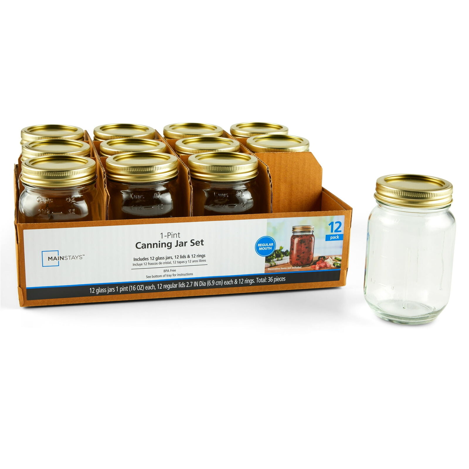 16 oz Airtight Glass Regular Mouth Canning Jars (12 Count) USA