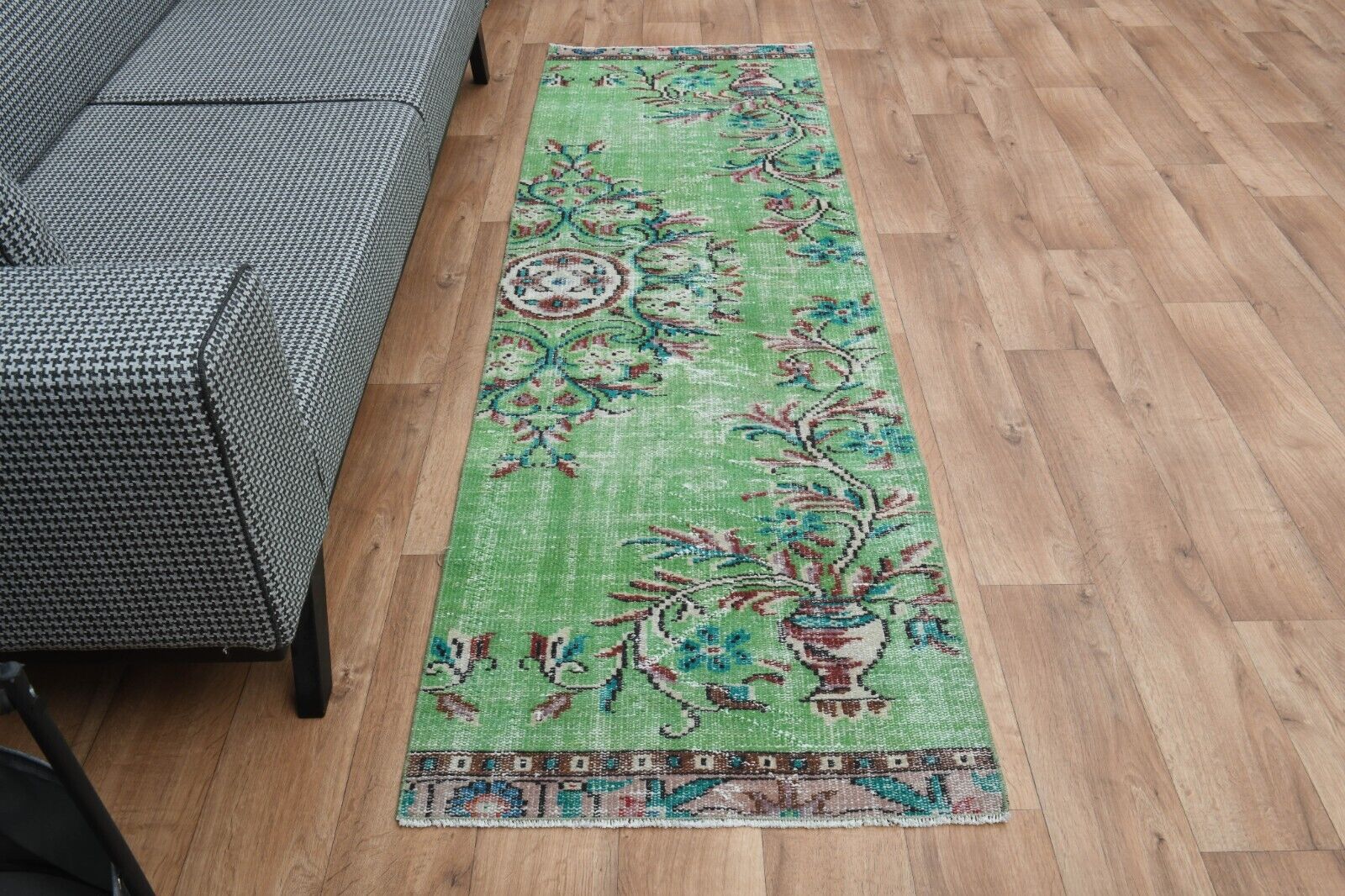 2.4x7.9 ft, Vintage Turkish Runner Rug, Green Natural Floral Rug, Turkish Rug