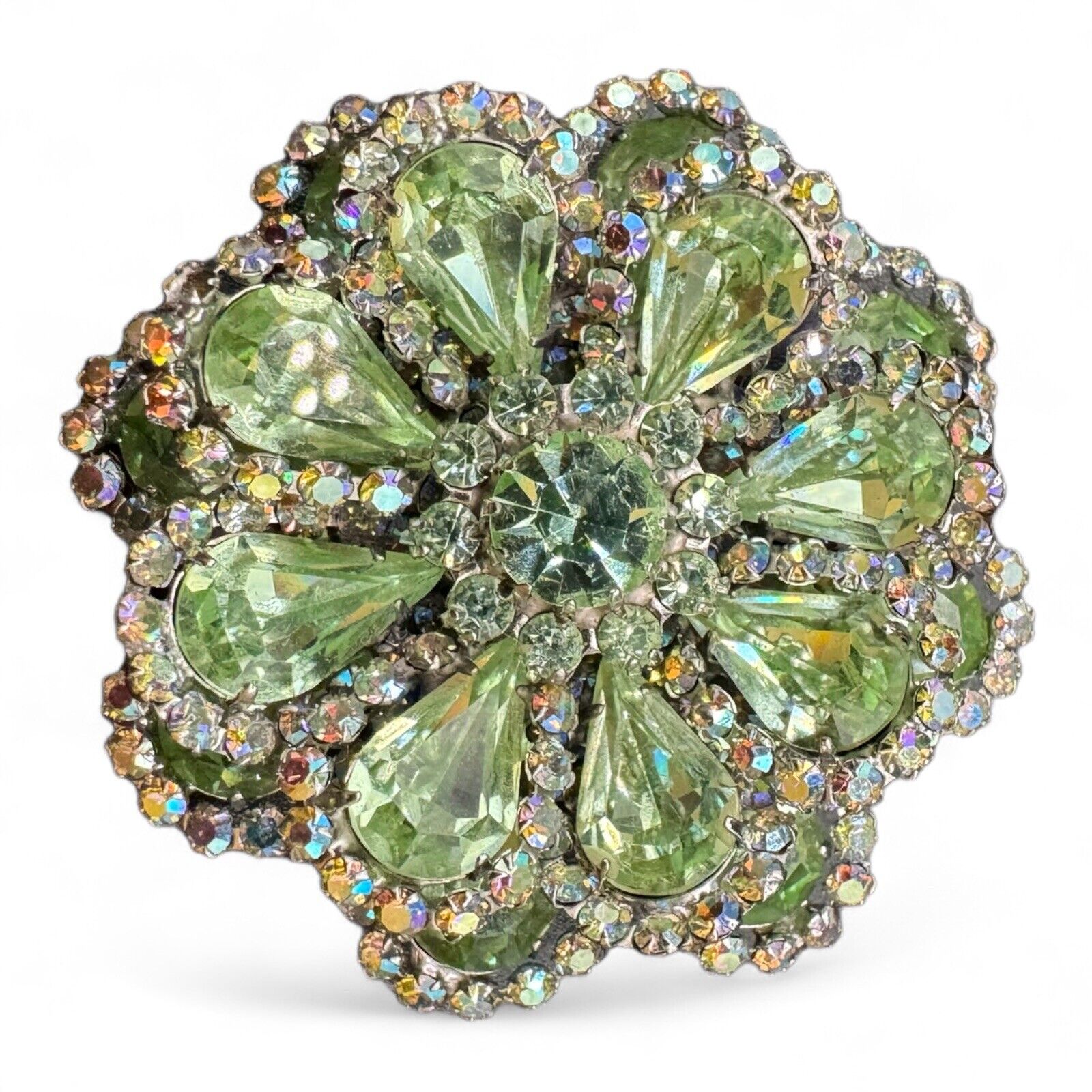 Vintage Weiss Signed Peridot & Clear Color Rhinestone Layered Flower Brooch