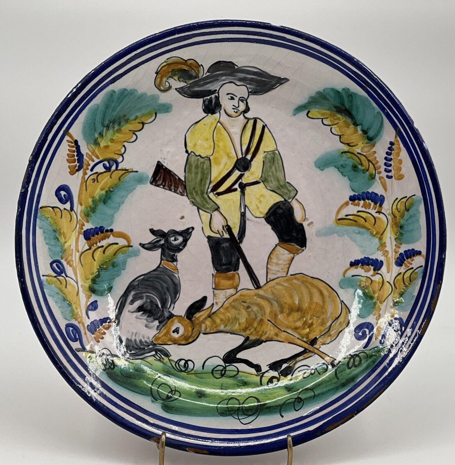 Antique Hunting Charger Tin Glazed Earthenware Majolica Catalan Bowl 1800\'s