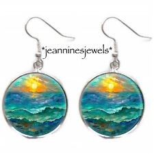 Sunset Beach Earrings FAUX Stained Glass Ocean Art Print Silver Charm Dangle picture