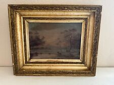 Antique Oil on Board Painting of Dark Landscape w/ Deer in Gold Frame picture