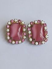 VTG Barbie Pink Lucite Cabochon Milk Glass Rhinestone Clip On Earrings Gold Tone picture