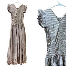 Vintage 30s Dress Party Maxi Gown Stripes Pink Gray Ruffles Silk Art Deco XXS picture