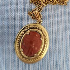 Vintage SCARAB PENDANT NECKLACE Genuine Stone RED JASPER Egyptian Style Scarabs picture