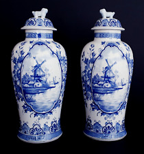 Antique DELFT BLUE & WHITE GINGER JAR LIDDED VASE 12.2 INCHES - WINDMILL DECOR picture