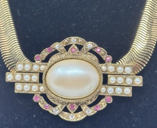 Vintage Richelieu Necklace Gold Metal Herringbone Faux Pearls Pink Rhinestones picture