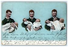 1905 Father Taking Care Twin Triplets Babies Posted Antique Postcard picture