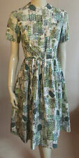 1950s 60s Vintage Green MCM Abstract Leaf Pattern Fitted Top Full Skirt Dress S picture