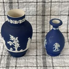 Early 1900s Wedgwood Cobalt Blue Jasperware Bud Vase Lot of 2 - 5” & 4” Vintage picture