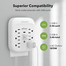 BN-LINK 6 Outlet Extender Multi Plug Outlet with 3 USB Charger Wall Adapter Tap picture