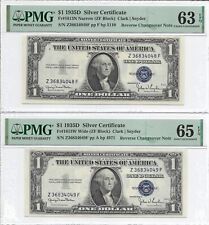 1935D $1 SILVER CERTIFICATES, Reverse Changeover Pair, PMG UNC 63/65 EPQ. N to W picture