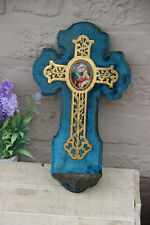 Antique French Holy water font crucifix porcelain medaillon madonna velvet  picture