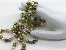 Green Champagne Ivory Bronze Pearl Knotted Necklace 67” Single Strand Flapper picture