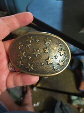 Vintage 60s 70s Brass Belt Buckle Oval With Stars 3.5” X 2.5” picture