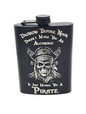 Liquor Hip Pocket Flask With Funnel, Engraved Pirate Skull Art Drinking Gift picture