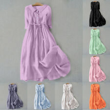 Womens Solid Pleated Tied Dress Vintage Lapel Button Cotton Long Casual Dress picture