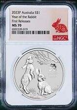 2023 Australia 9999 Bullion Silver Lunar Year of the RABBIT NGC MS70 1oz $1 Coin picture
