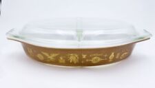 Vintage Pyrex Early American Brown & Gold Divided Casserole Dish w/ Lid 1962-71 picture