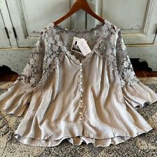 S New Boho Gray Lace CottageCore Peasant Vtg 70s Top Blouse Womens Size SMALL picture