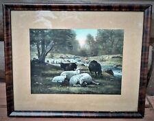Antique Pastoral Landscape Sheep and Shepherdess Hand Tinted Lithograph Framed picture