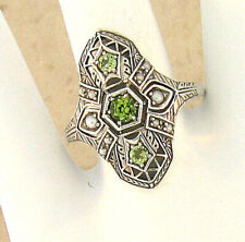 GENUINE PERIDOT PEARL ANTIQUE STYLE ART DECO DESIGN 925 STERLING SILVER RING 037 picture