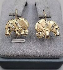 14K Etched Elephant Dangle Earrings Solid Yellow Gold 2.57 Grams French Wire  picture