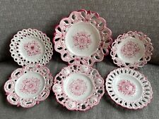 Vintage Vestal Alcobaca Portugal Reticulated Pink White Wall Plate Set of 6 picture