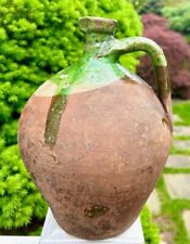 FRENCH ANTIQUE POTTERY EARTHENWARE CONFIT POT GREEN GLAZED FLASK PITCHER picture