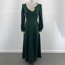 VTG 1970s Green V Neck Lace Trim Pleated Bodice LS A-Line Maxi Dress Womens M picture