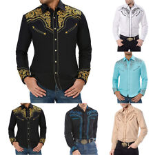 Mens Western Cowboy Shirt Long Sleeve Retro Embroidery Casual Buttons Down Shirt picture